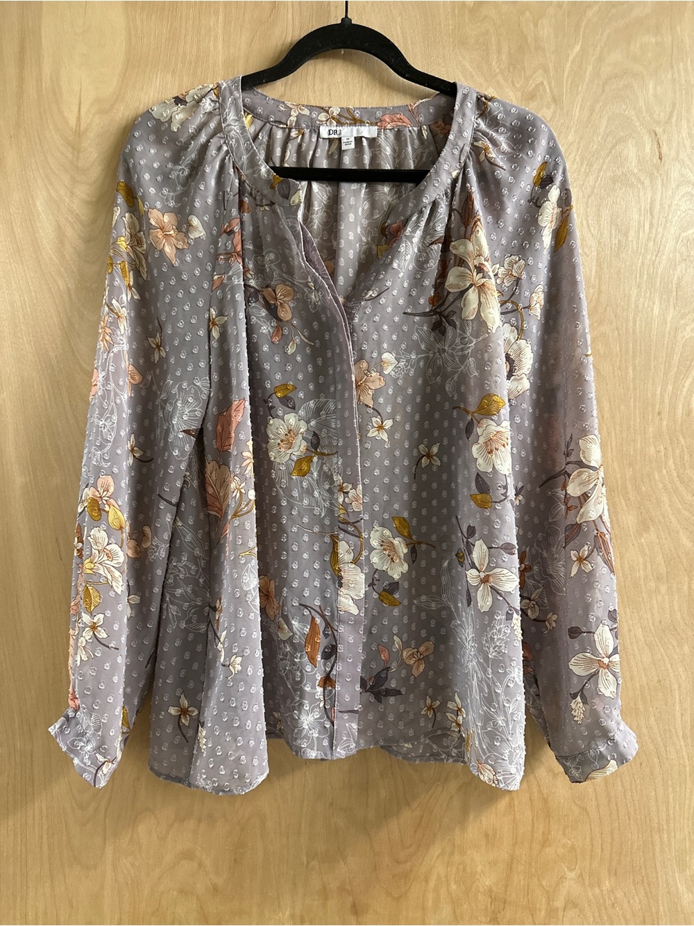 DR2 Floral Button-Front Blouse - Lavender Gray with Cream & Mustard